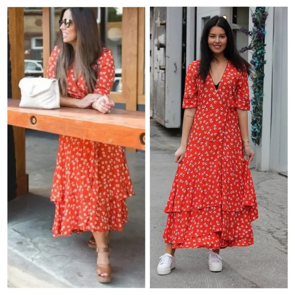 Ganni Crepe Floral Print Midi Wrap Dress in Coral Red Size 8 - Picture 9 of 10